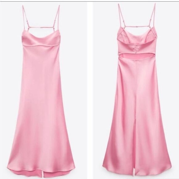 NEW Blogger Fave Viral TikTok Zara Pink Satin Cutout Scoop Neck Midi Slip Dress - Picture 16 of 16